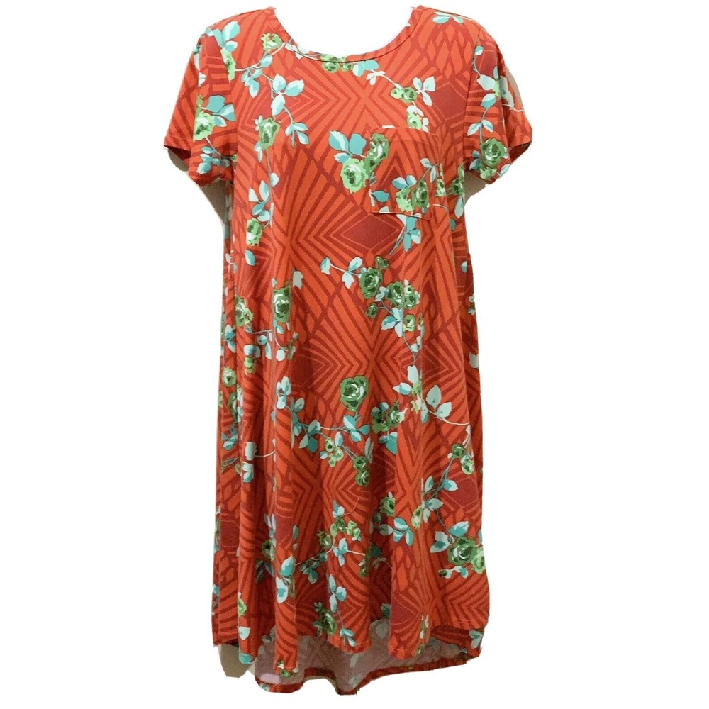 LuLaRoe Carly Dress Womens XS Red Green Floral Geometric High Low Swing Pocket